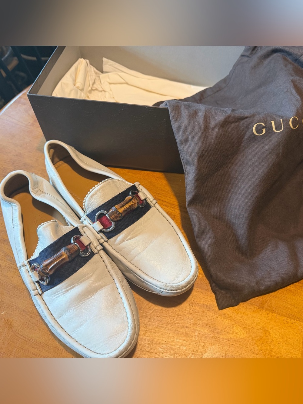Gucci White Leather Loafers with Navy & Red Web and Bamboo Bit